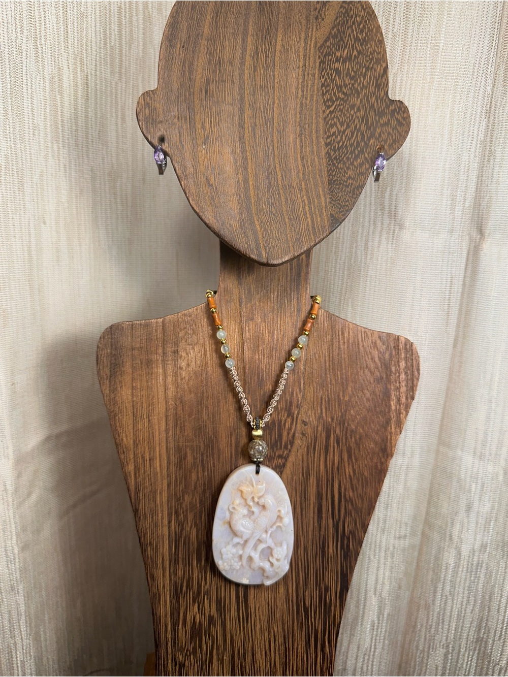 Coral Fossil Birds Pendant with Ocean Jasper on Adjustable Rope - Picture 12 of 15